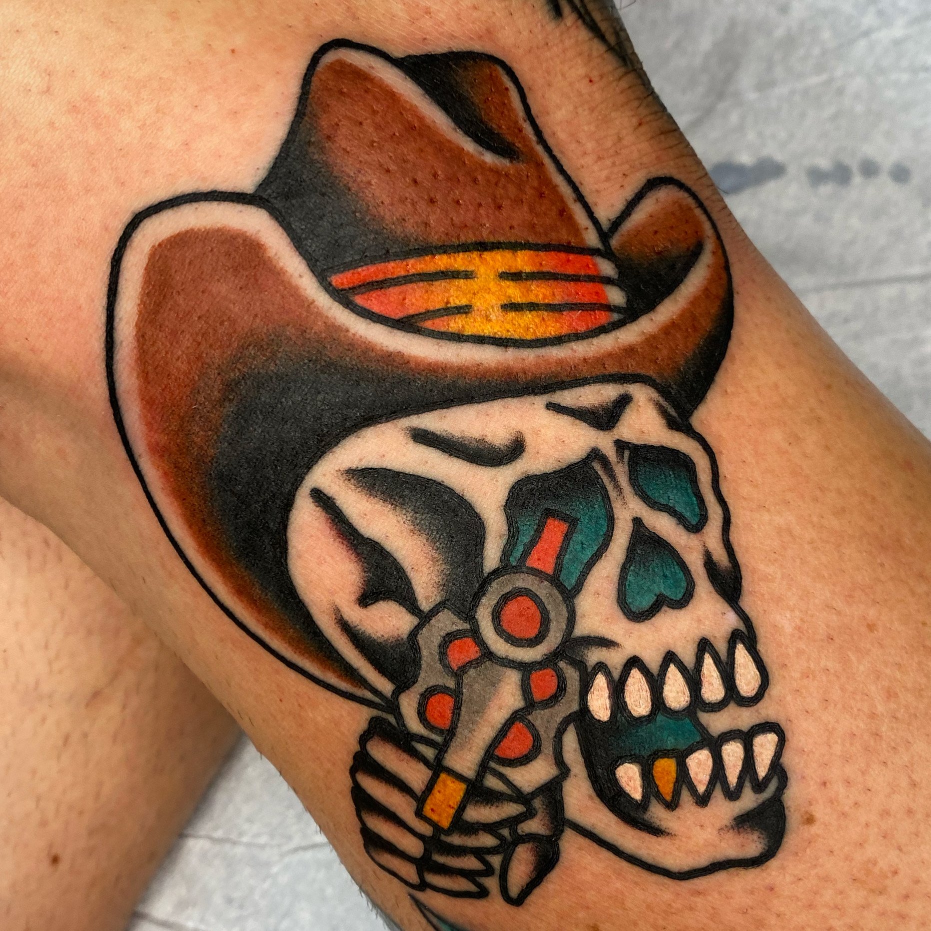 Traditional style skull tattoo on the thigh