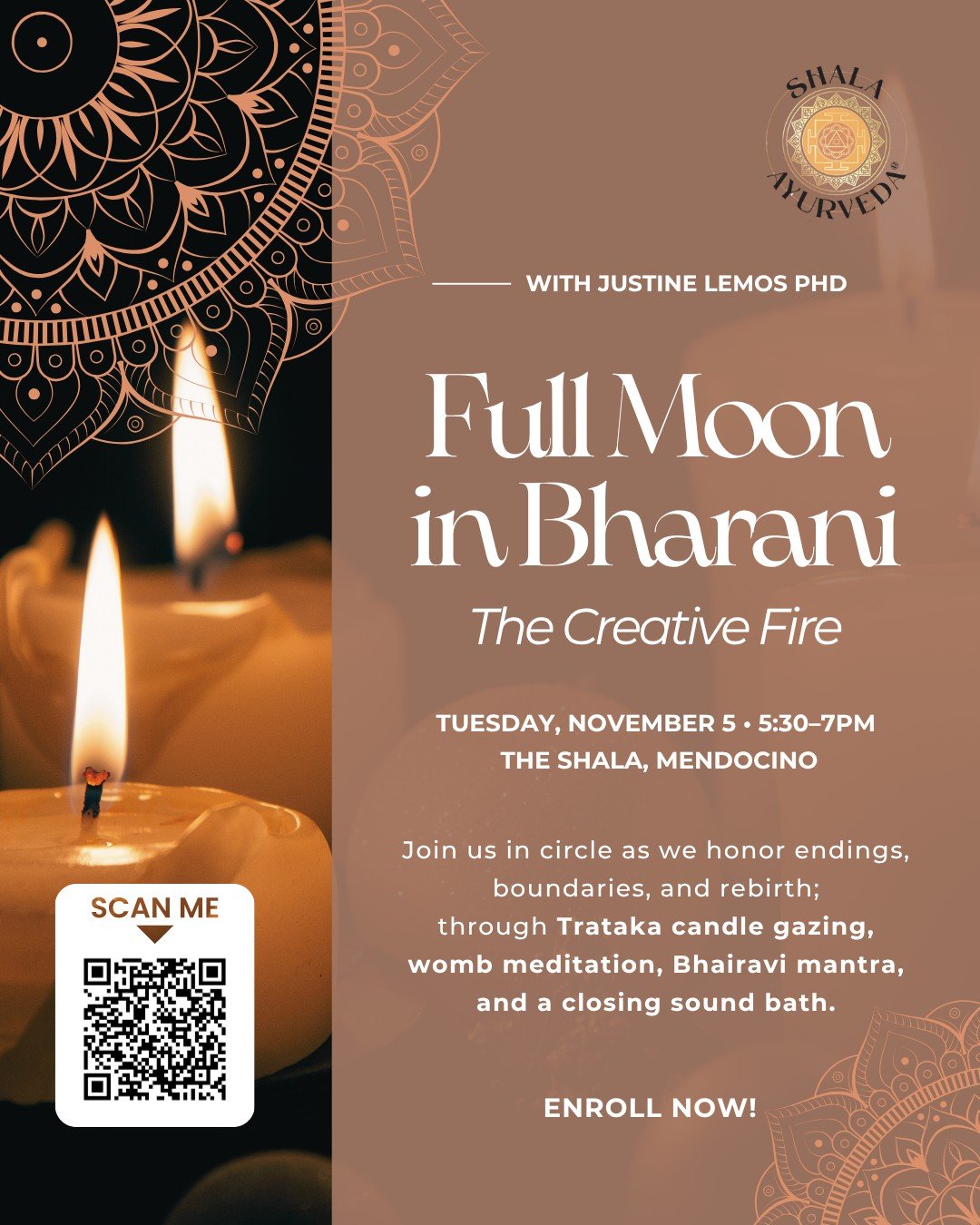 The Full Moon in Bharani calls you into the sacred fire of creation. 

Join us in circle as we honor endings, boundaries, and rebirth - through Trataka candle gazing, womb meditation, Bhairavi mantra, and a closing sound bath. 

✨ Burn what dims your