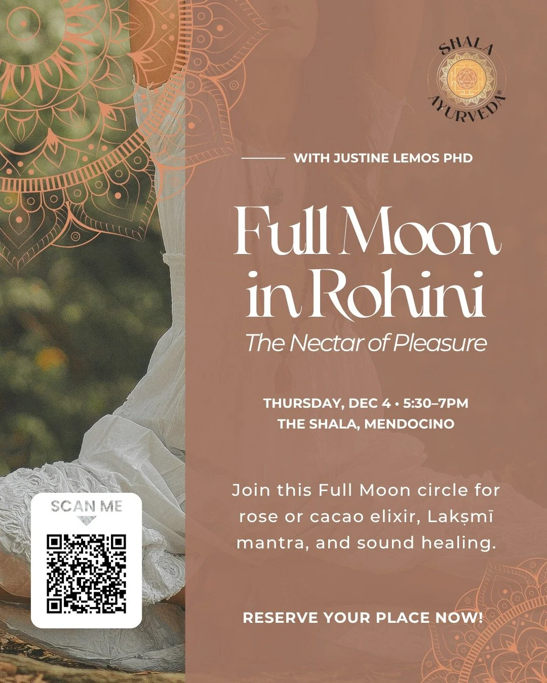 Rohini, the Moon&rsquo;s beloved, pours nectar into your soul. 

Join this Full Moon circle for rose or cacao elixir, Lakṣmī mantra, and sound healing. 

✨ Savor the sacred &mdash; every sip, every sound, every sigh.

🗓 Thurs, Dec 4 &bull; 5:30&ndas