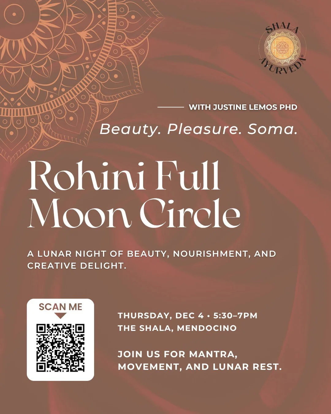 A lunar night of beauty, nourishment, and creative delight. Breathe in the sweetness of Rohini &mdash; where the Moon meets Soma. 🌕 

Join us for mantra, movement, and lunar rest.
🕯 Dec 4 &bull; 5:30&ndash;7pm 

Join the ritual &mdash; RSVP today
#