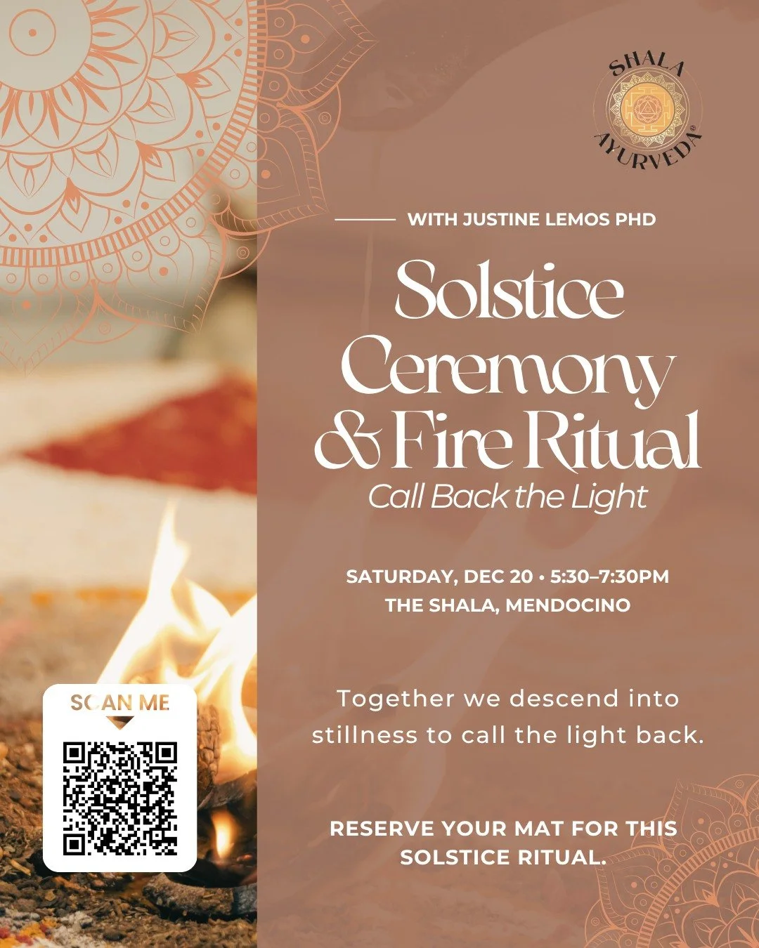 On the darkest night, we remember the light. 

Join our New Moon + Solstice Ceremony - fire ritual, Aum Jyotirgamaya chant, candle-lighting, and sound healing. 

🌑 Root deep. Rise luminous.

🗓 Sat, Dec 20 &bull; 5:30&ndash;7:30pm 
📍The Shala, Mend
