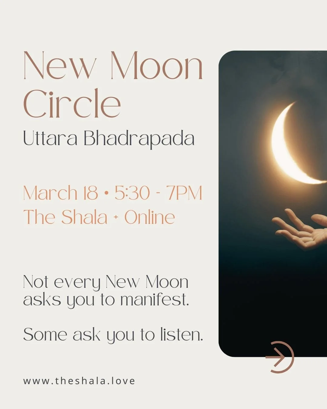 Some New Moons inspire action.

This one invites stillness.

Uttara Bhadrapada is associated with the serpent of the deep waters, the wisdom that arises when we slow down and listen beneath the surface.

During this evening circle we gather for refle