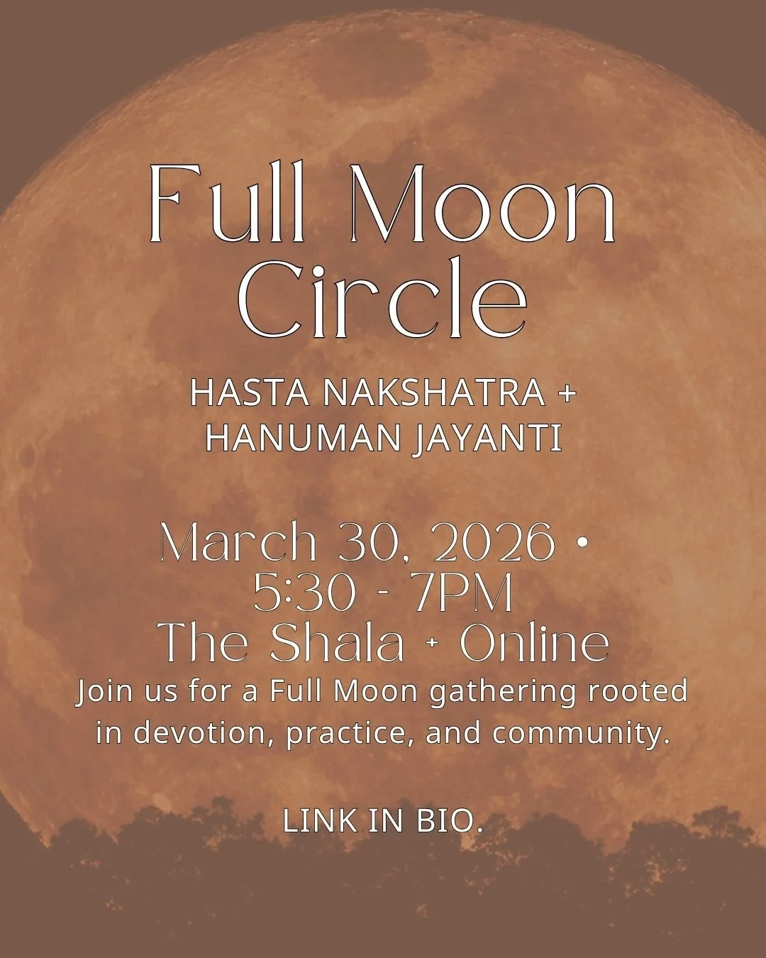 During this Full Moon Circle we&rsquo;ll explore:

&bull; myth and Jyotish insight
&bull; the symbolism of Hanuman
&bull; devotion and skillful action

This circle is a space to reconnect with:
your hands
your purpose
your devotion

March 30 &bull; 5