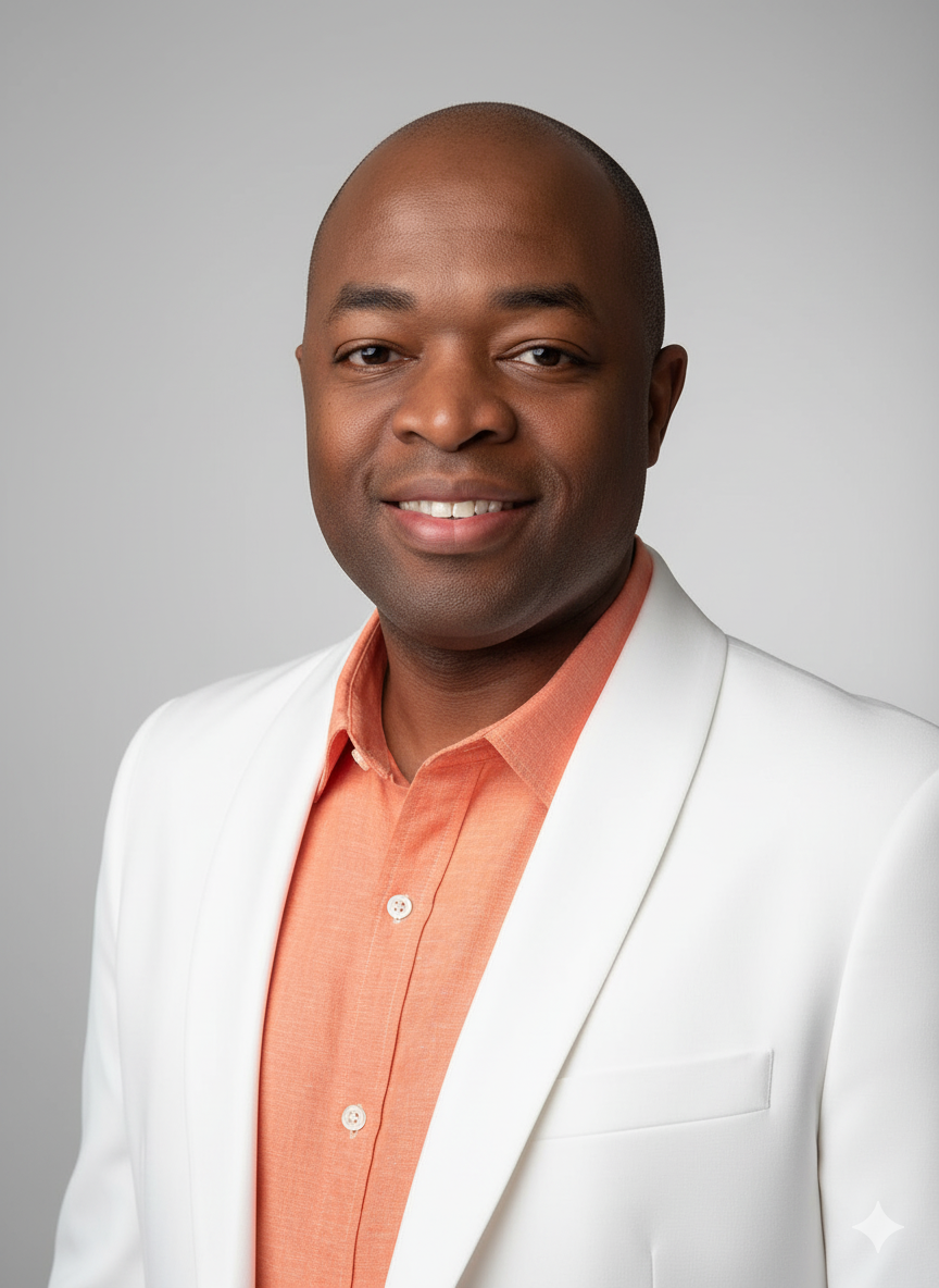 A smiling Black man with a shaved head wearing a light blazer over an orange shirt, standing against a plain gray background.