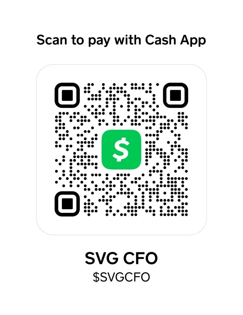 QR code for Cash App payment with a green dollar sign icon in the center, labeled 'Scan to pay with Cash App', and additional text 'SVG CFO' and '$SVG CFO' below.