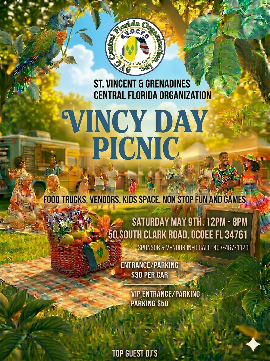 Flyer for Vincy Day Picnic organized by St. Vincent & Grenadines Central Florida, featuring a parrot perched on a branch, a bright canopy of green leaves, people enjoying the event, food trucks, vendor booths, and a picnic basket on a checkered blanket in a park setting.