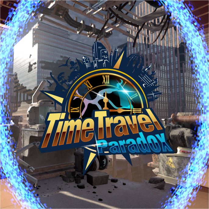 Futuristic digital artwork illustrating a time travel scene with a cityscape background, a large clock with Roman numerals, and the words 'Time Travel Paradox' prominently displayed in front.
