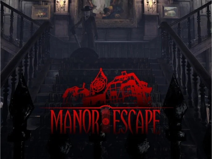 Dark staircase with paintings and statues, overlaid with red outline of a haunted mansion and the text "Manor of Escape".