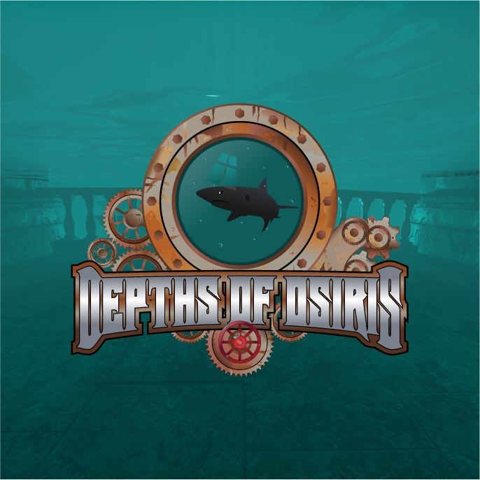 Underwater scene featuring the logo for "Depths of Osiris" with gears and a shark swimming inside a circular window.