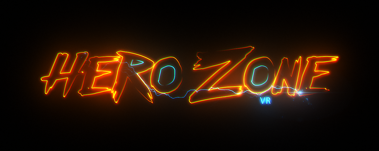Neon sign reading "HERO ZONE VR" with red, blue, and yellow lights on a black background.