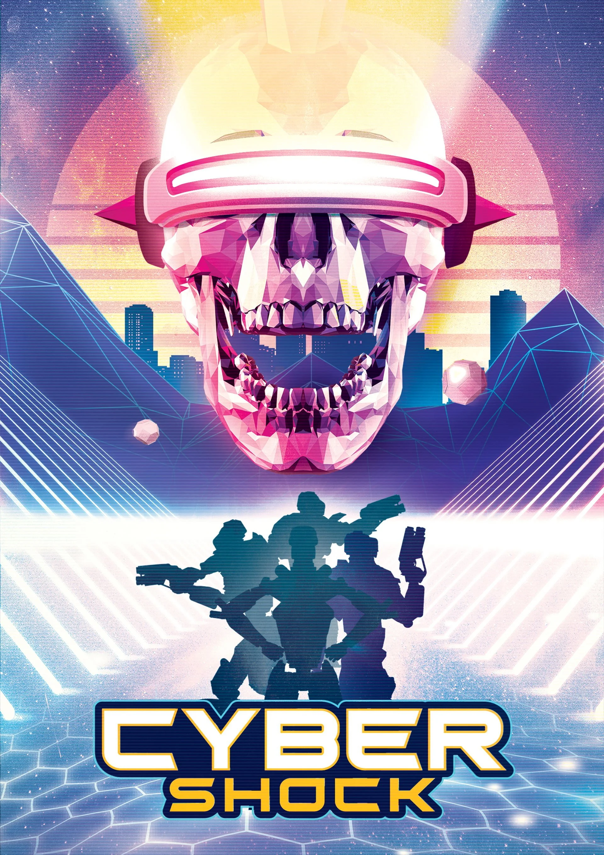 Digital artwork featuring a pink skull with a visor, futuristic cityscape in the background, and a silhouette of a heavily armed robot in the foreground. The words "CYBER SHOCK" are prominently displayed at the bottom.
