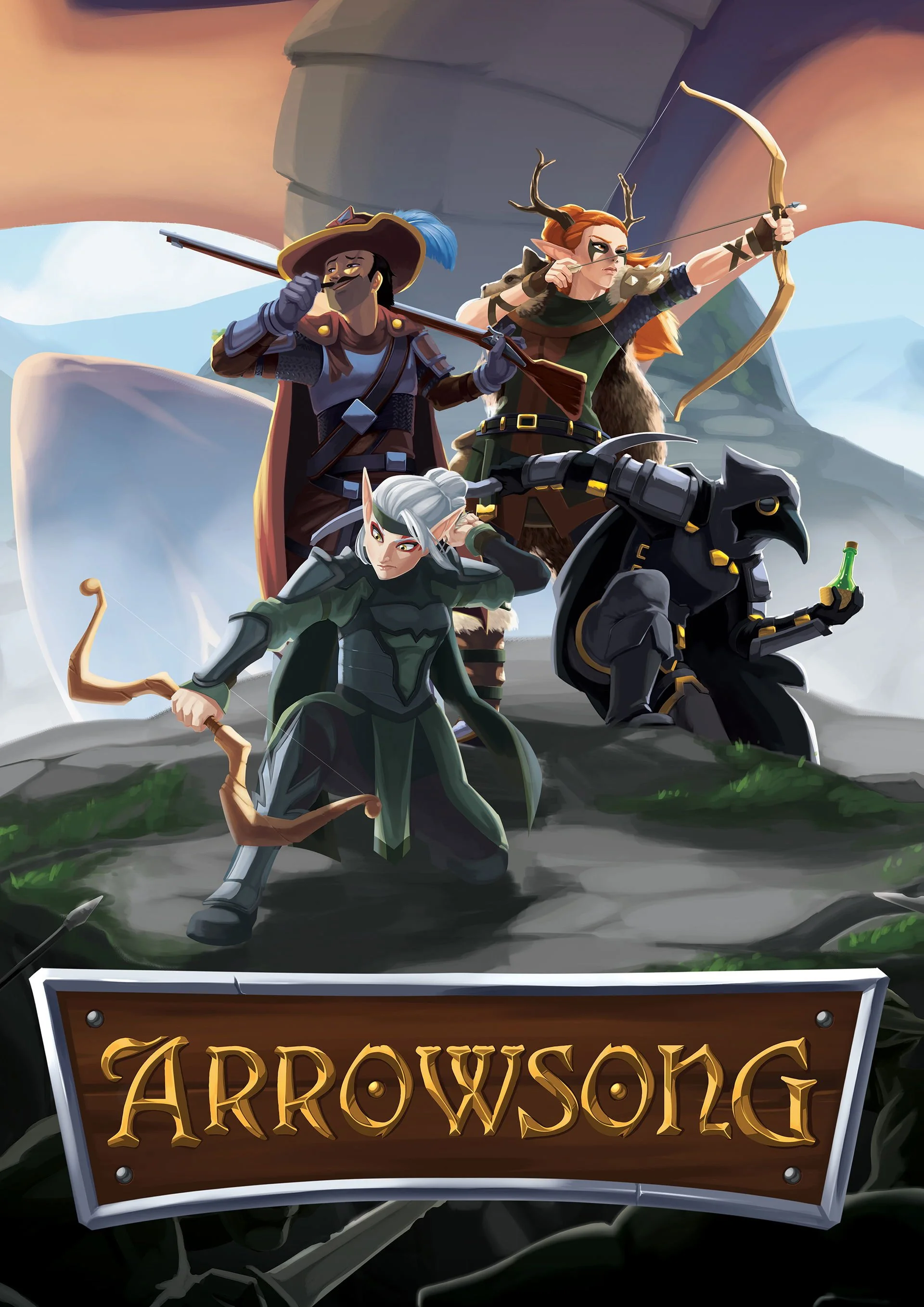 Artwork of four fantasy characters: an elven archer, a warrior with a spear, an elf with a bow, and a black armored robotic figure, standing together outdoors with mountainous background and a wooden sign reading 'Arrowsong' in foreground.