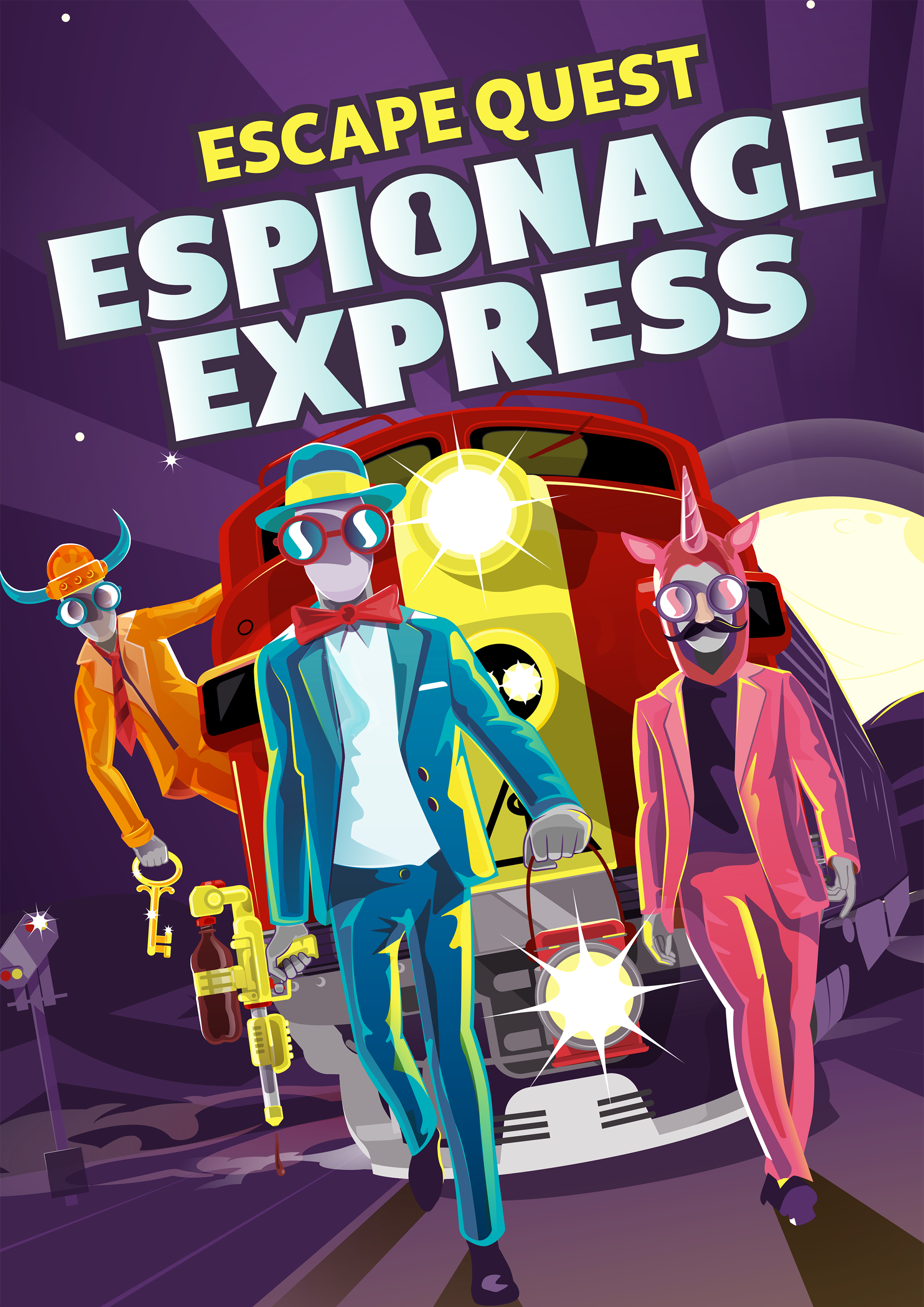 Colorful illustration of three characters with animal masks in front of a red escape route vehicle on a dark purple background. The title 'Escape Quest Espionage Express' appears at the top.