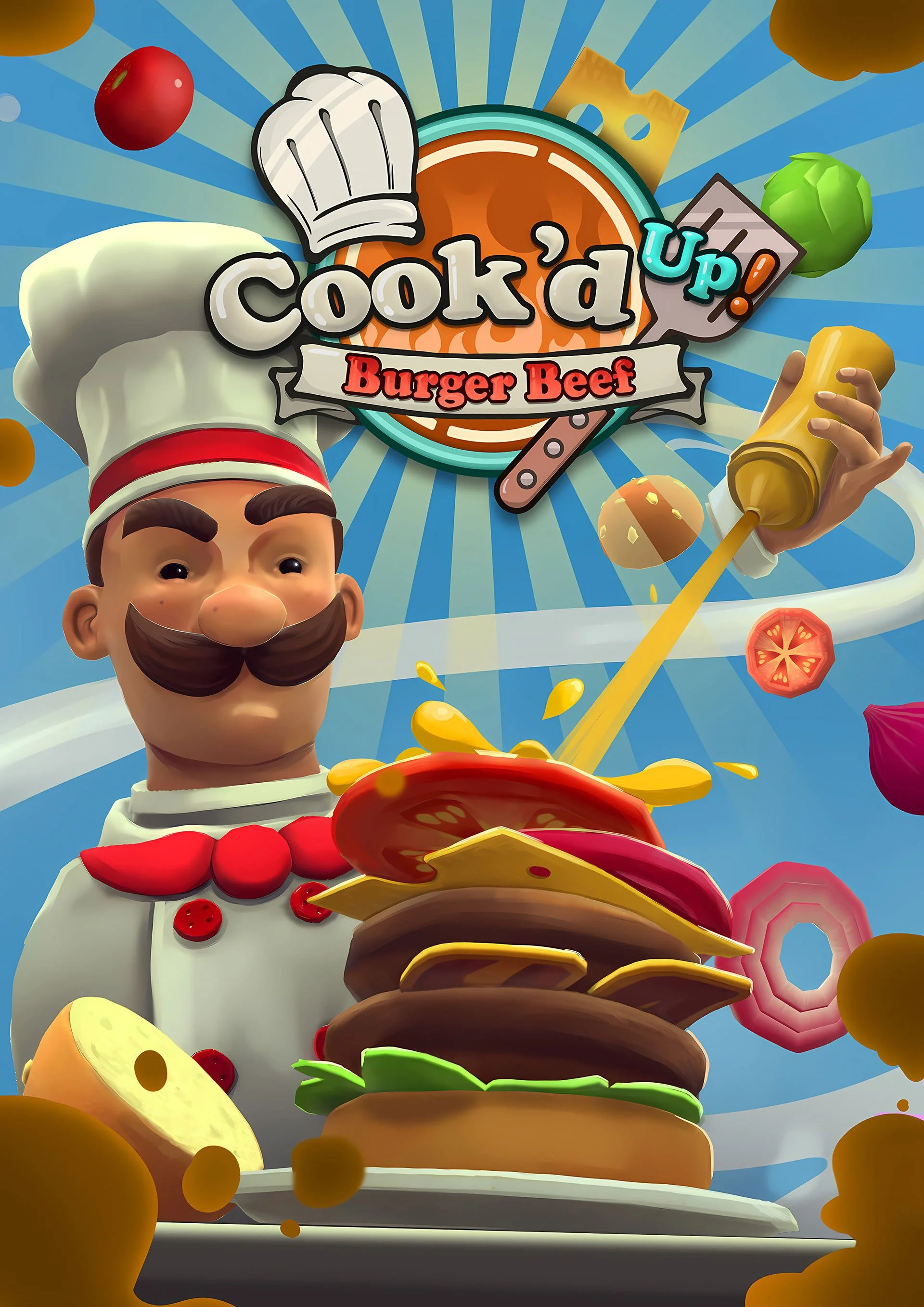 Animated game cover for Cook'd Up! Burger Beef, featuring a chef with a mustache, a tall hamburger stacked with ingredients, and various food ingredients floating around.