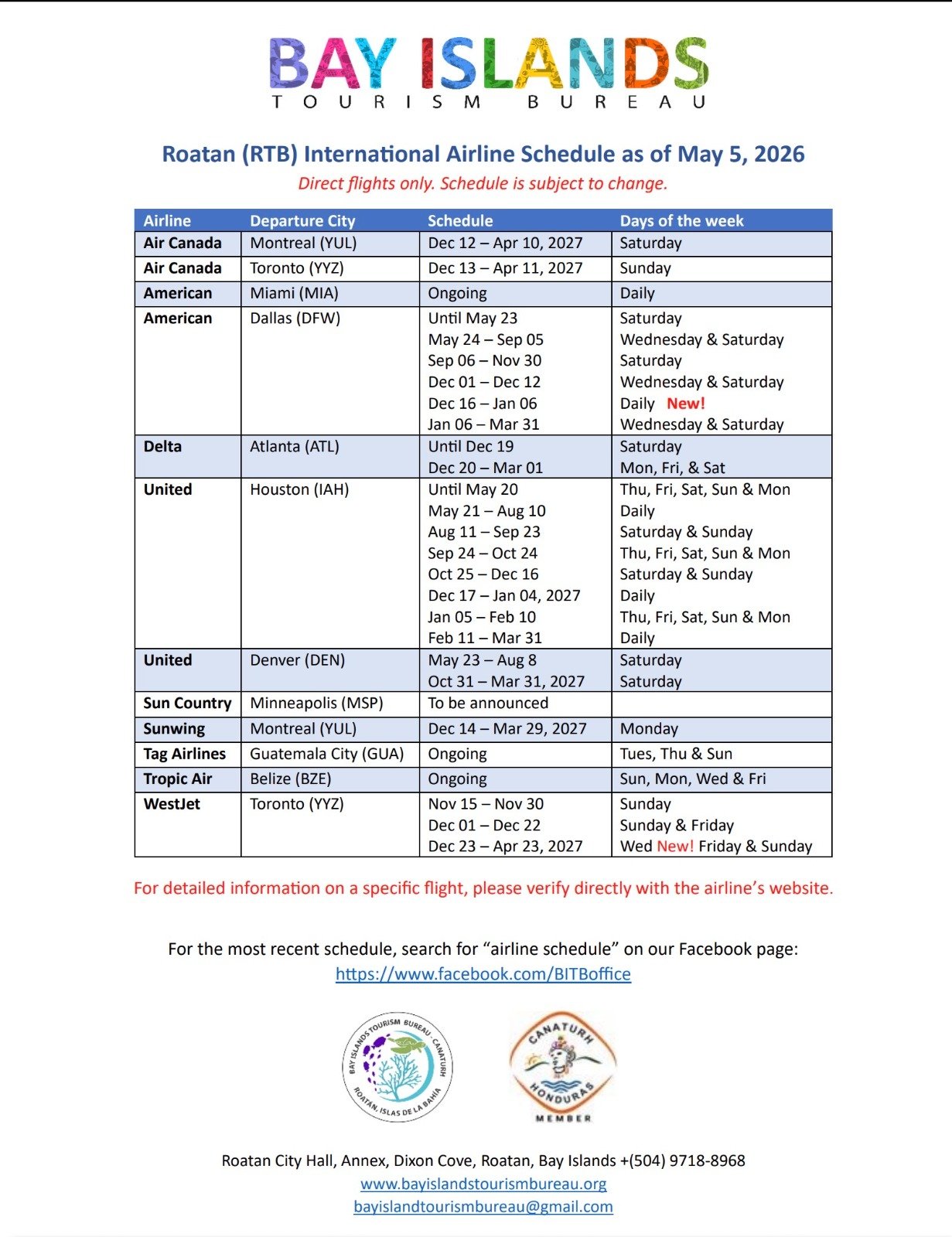 Roatan International Airline schedule detailing routes and days from various U.S. and Canadian cities for 2024-2025. Cities include Miami, Dallas, Atlanta, Houston, Denver, Minneapolis, Montreal, Quebec, Toronto, Belize, and Guatemala City. Schedule subject to change, with links for updates provided by Bay Islands Tourism Bureau.