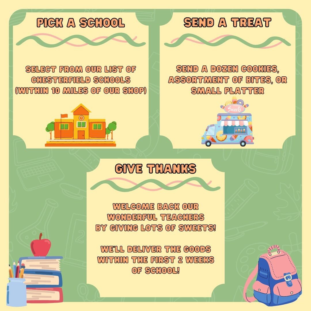 Alrighty, folks!

Chesterfield County Schools has 4,300+ teachers and we wanna show them some love ❤️ Over the next 2 1/2 weeks we will be collecting orders for schools of your choice. Beginning August 25th we will start delivering the goods to Chest