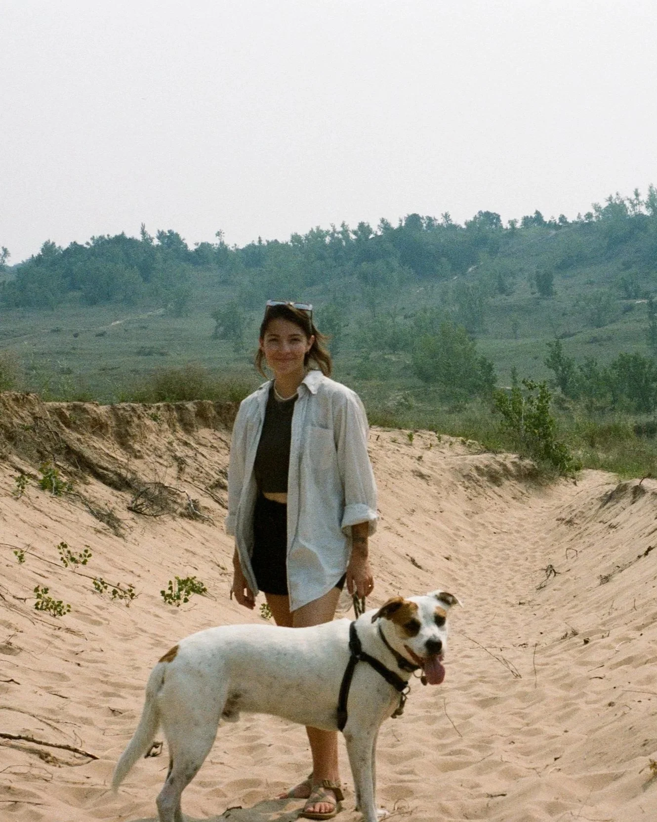 A woman with sunglasses on her head standing in a sandy area with a dog on a leash, with green hills and trees in the background in northern michigan