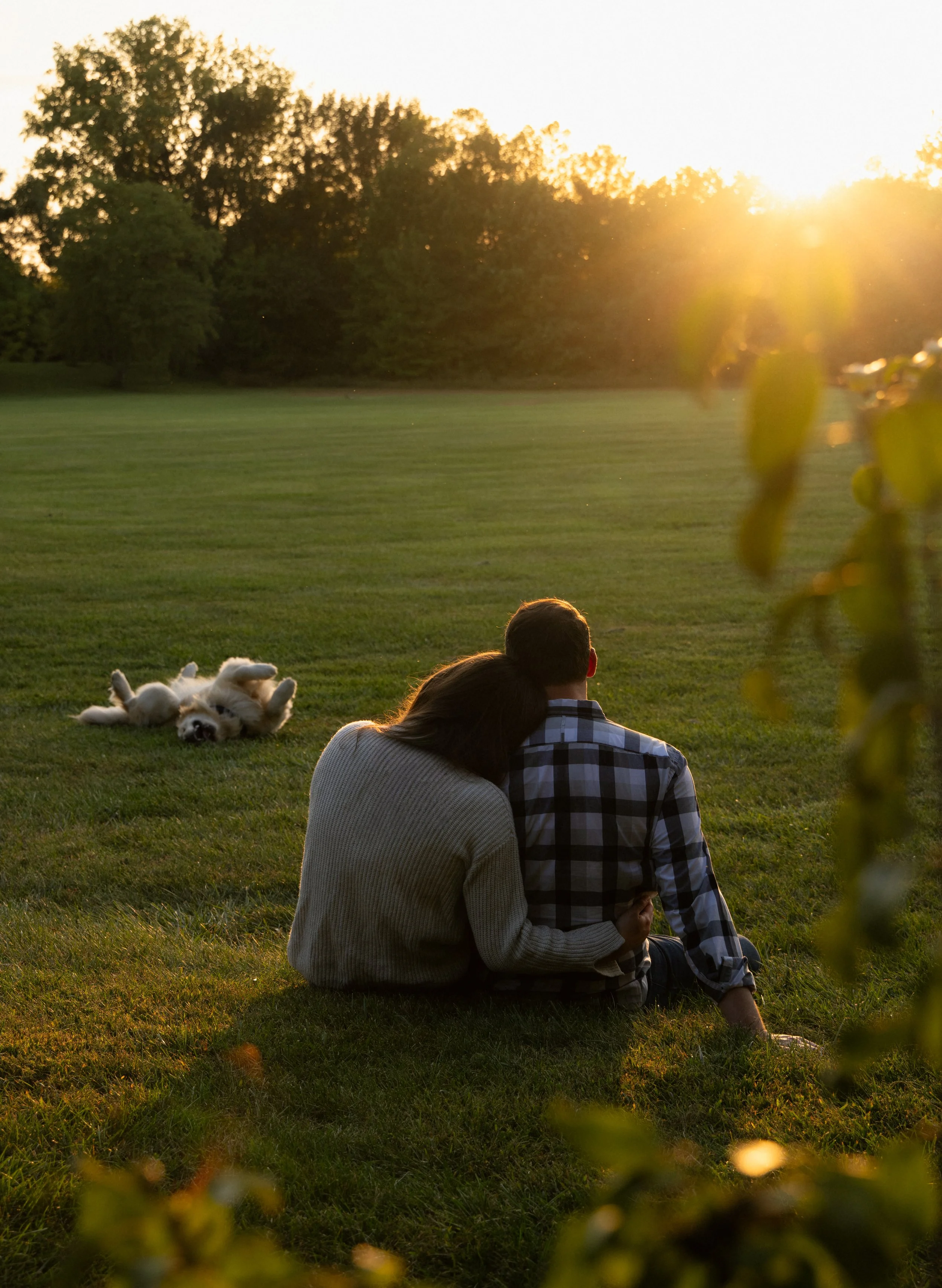 A couple sitting on the grass with their dog lying on its back near them, overlooking a sunset in a park with trees in the background.
