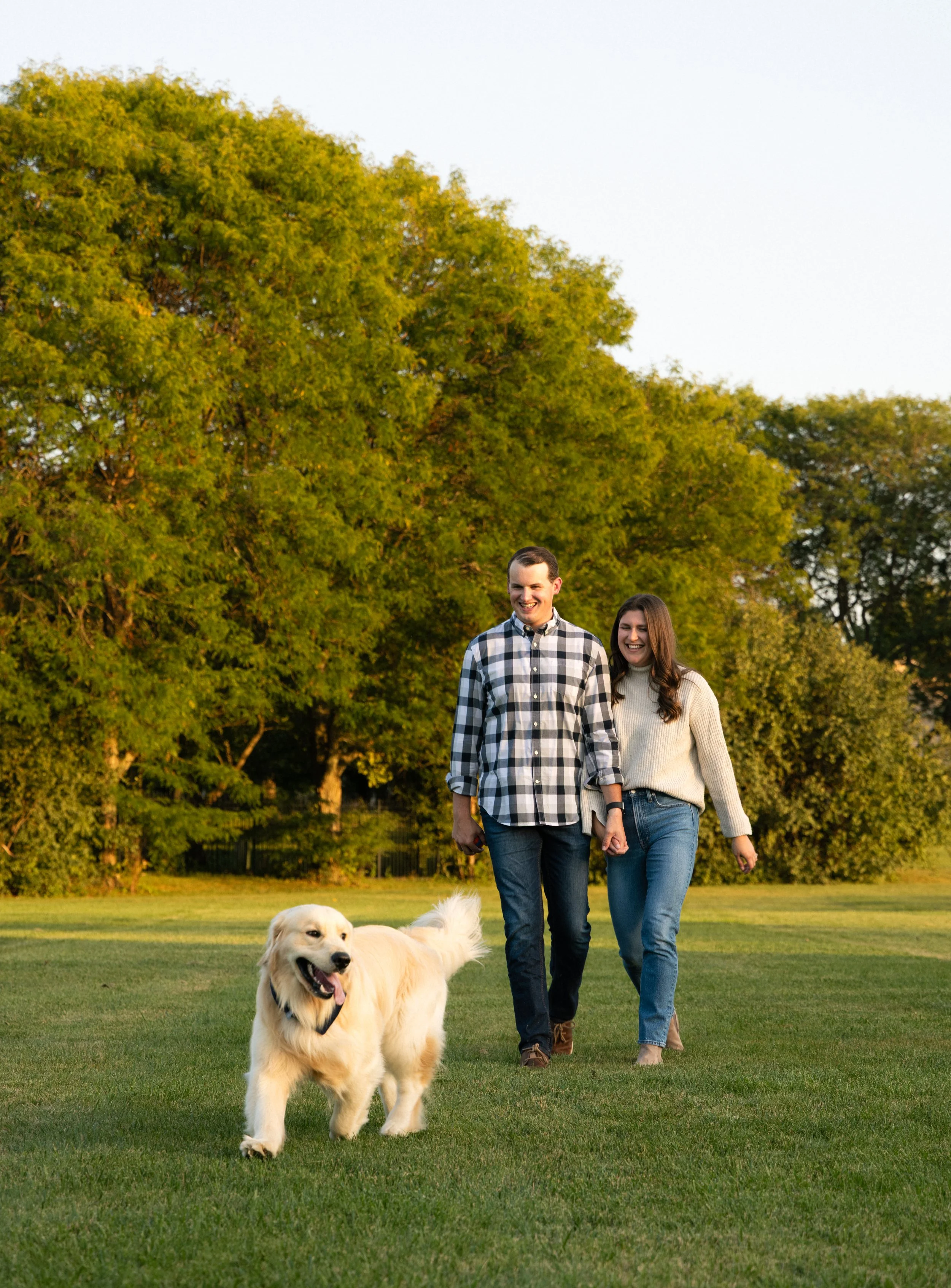A happy couple walking with a golden retriever dog in a park during late afternoon or early evening.