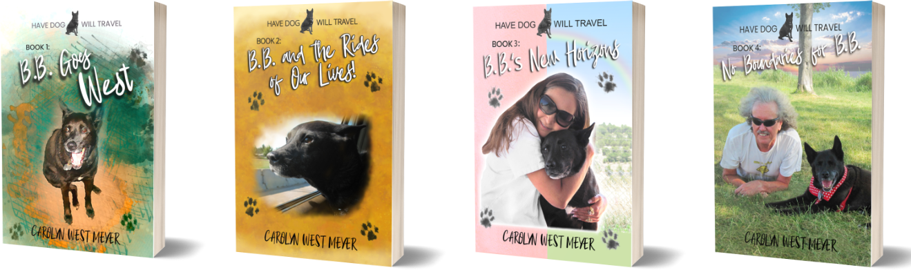 Collection of four book covers from the 'Have Dog Will Travel' series, each featuring dogs and owners in outdoor settings, with colorful backgrounds and titles.