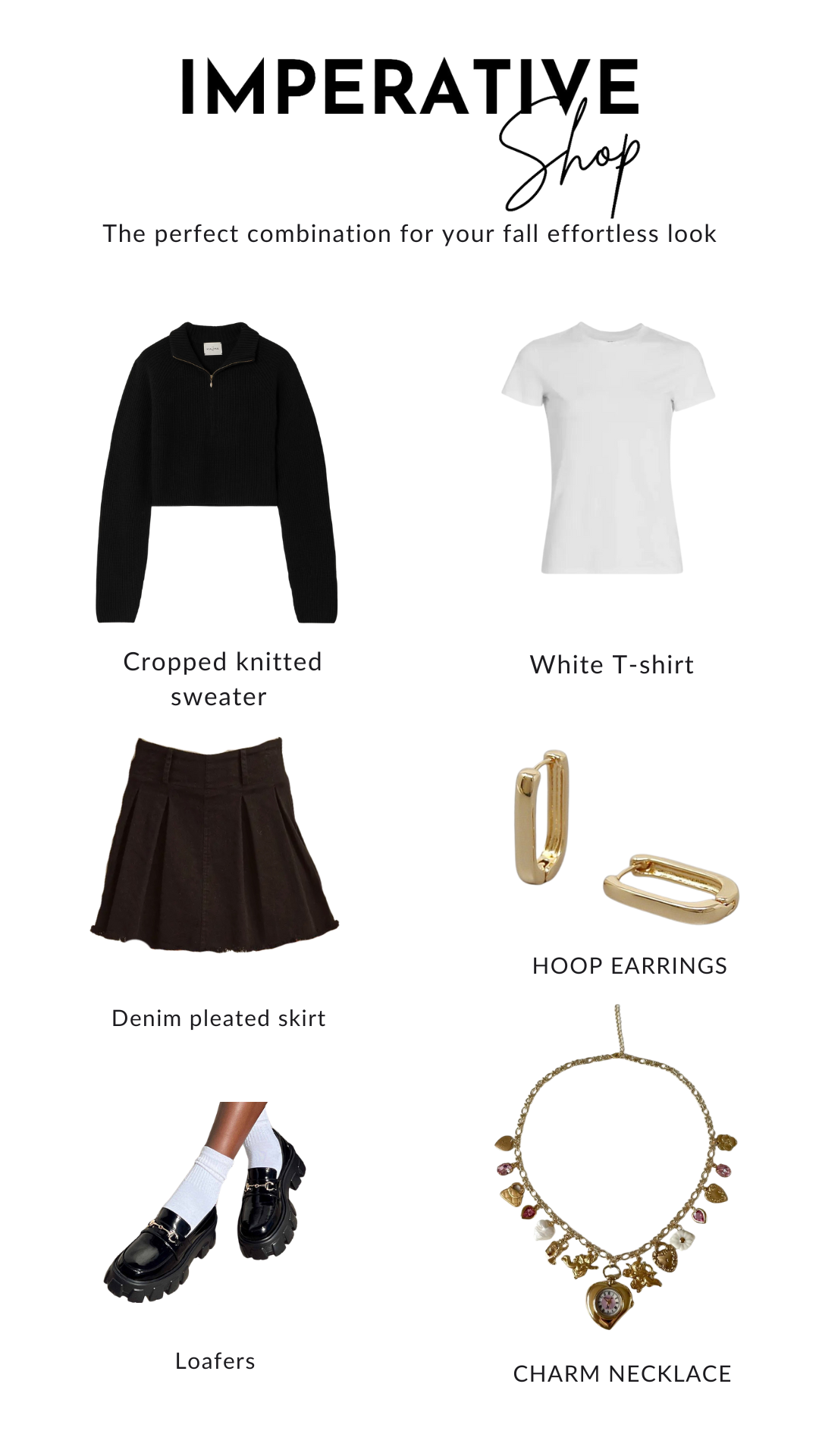 Imperative Shop fall outfit featuring a black cropped knitted sweater, white T-shirt, denim pleated skirt, hoop earrings, loafers, and a charm necklace.