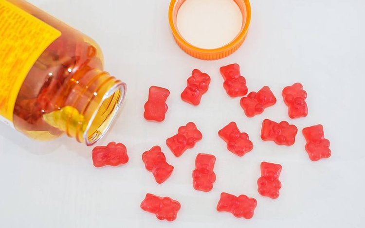 Bear shaped gummies on a table