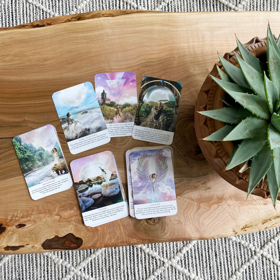 Collection of six tarot or oracle cards on a wooden surface next to a potted succulent plant.