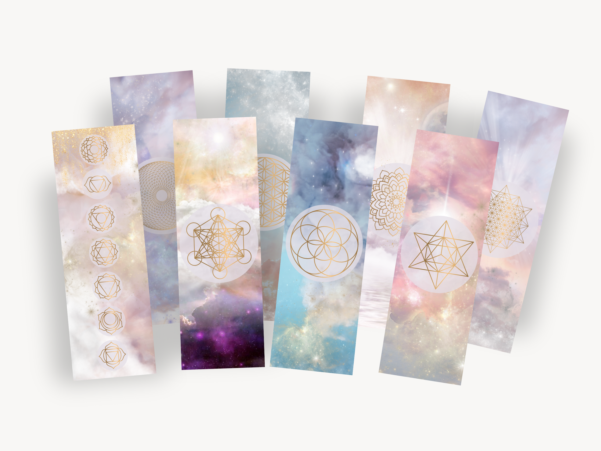 Set of pastel-colored bookmarks with geometric designs against a cosmic background.