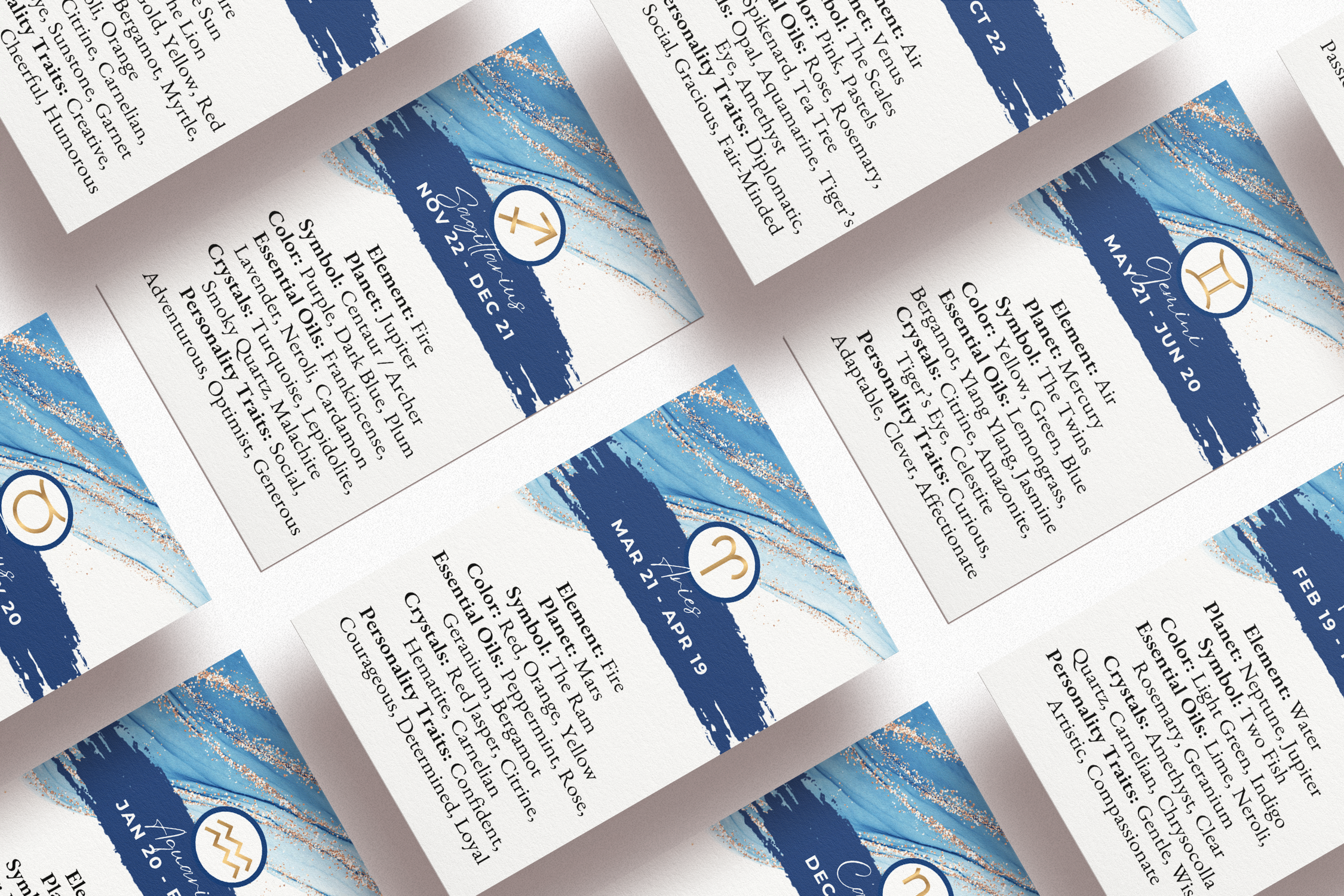 Image features an arrangement of astrological sign cards laid out on a textured surface. Each card includes information such as the element, planet, symbols, colors, essential oils, crystals, and personality traits associated with specific zodiac signs. The design incorporates blue and gold abstract patterns.