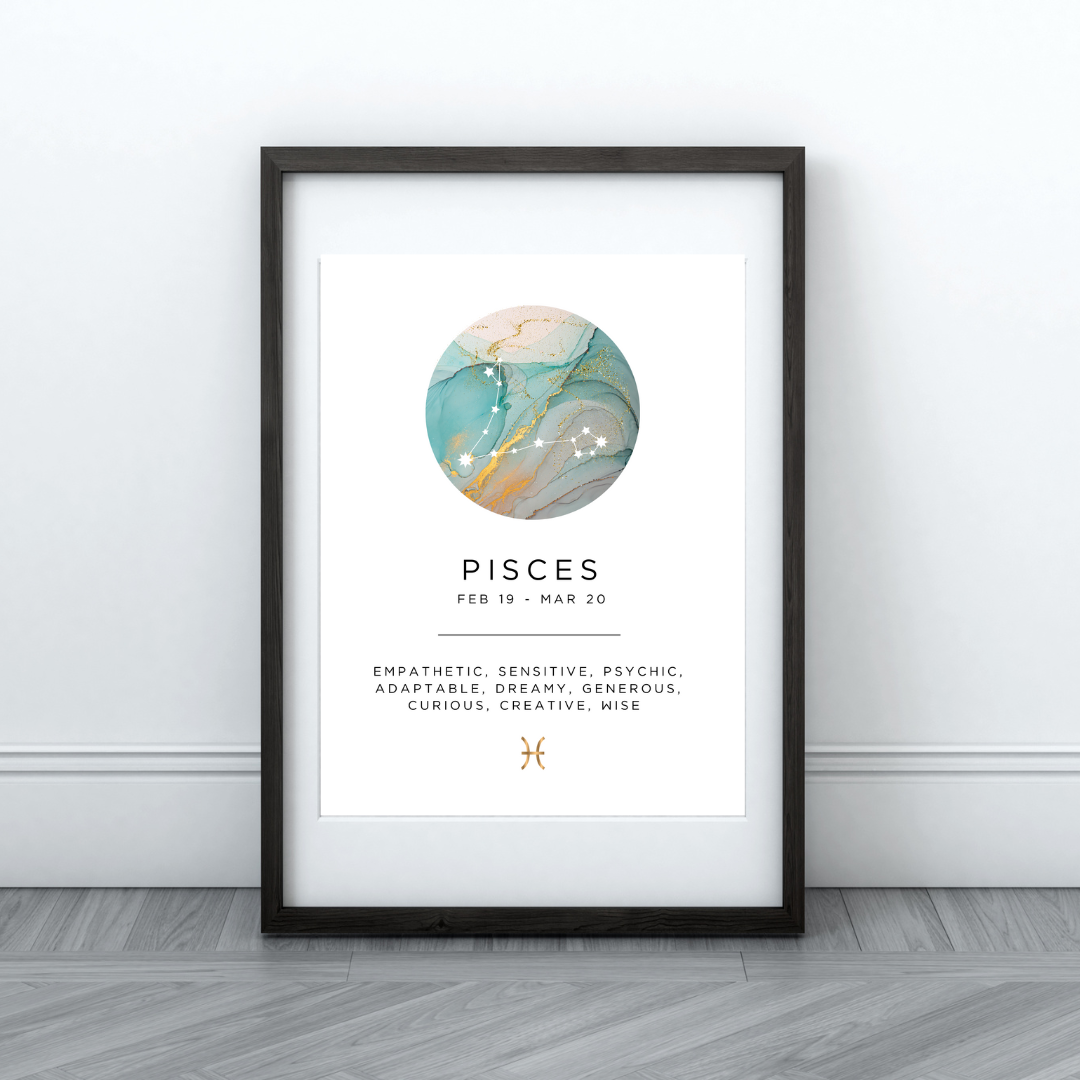 Framed Pisces zodiac sign art with abstract design, traits listed like empathetic and creative, dates Feb 19 - Mar 20.
