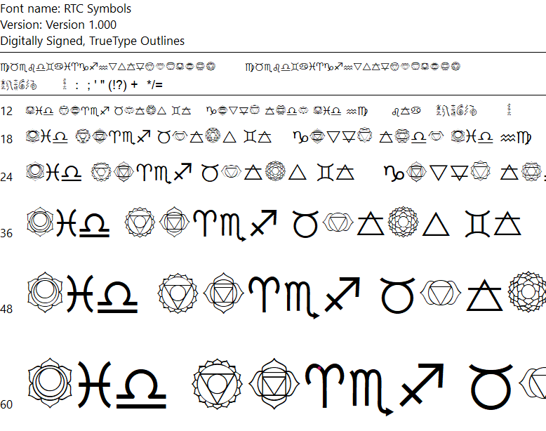 Font sample image showing symbols, astrology signs, and geometrical shapes labeled RTC Symbols, with sizes ranging from 12 to 60.
