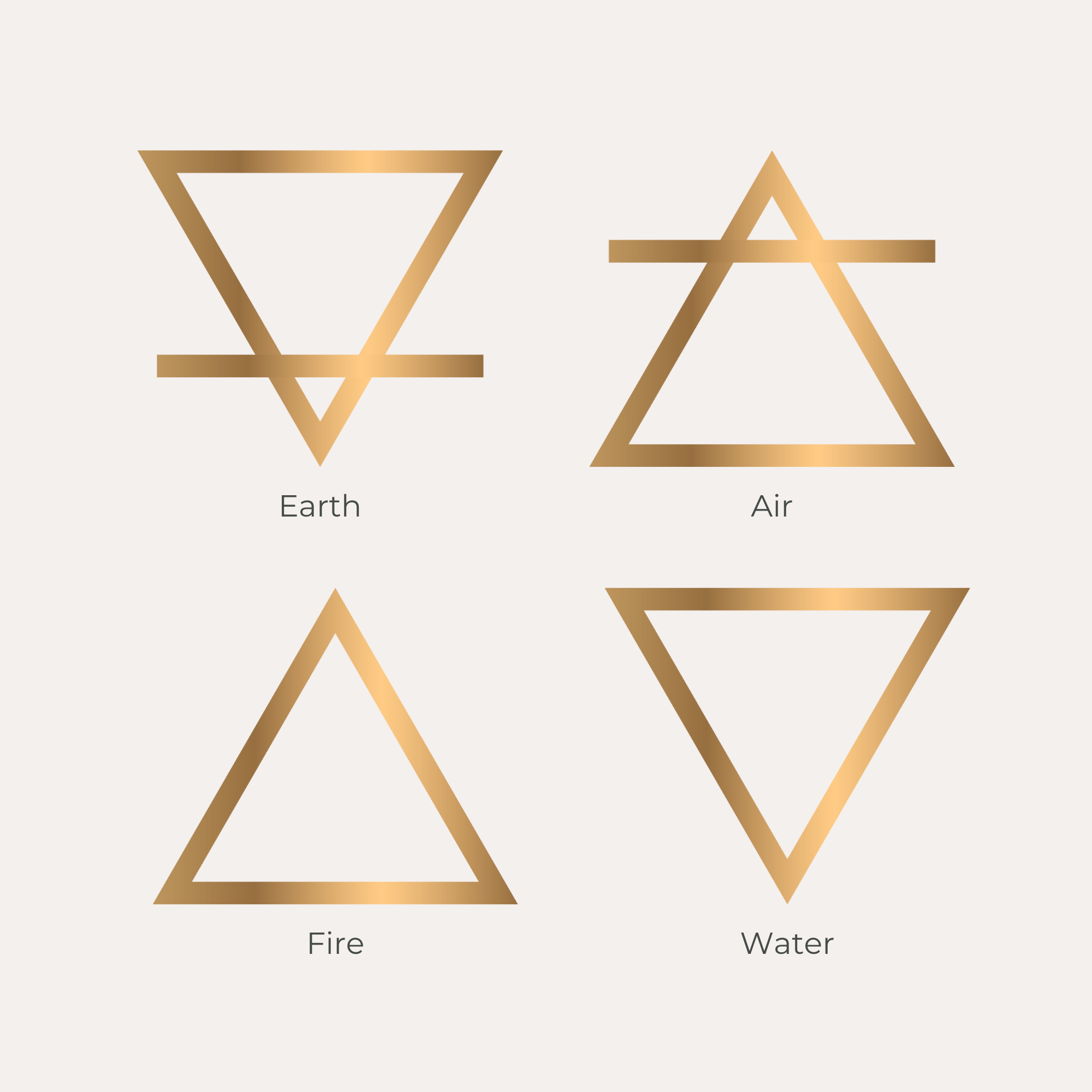 Four golden alchemical symbols for the elements: Earth (inverted triangle with line), Air (triangle with line), Fire (upward triangle), Water (downward triangle).