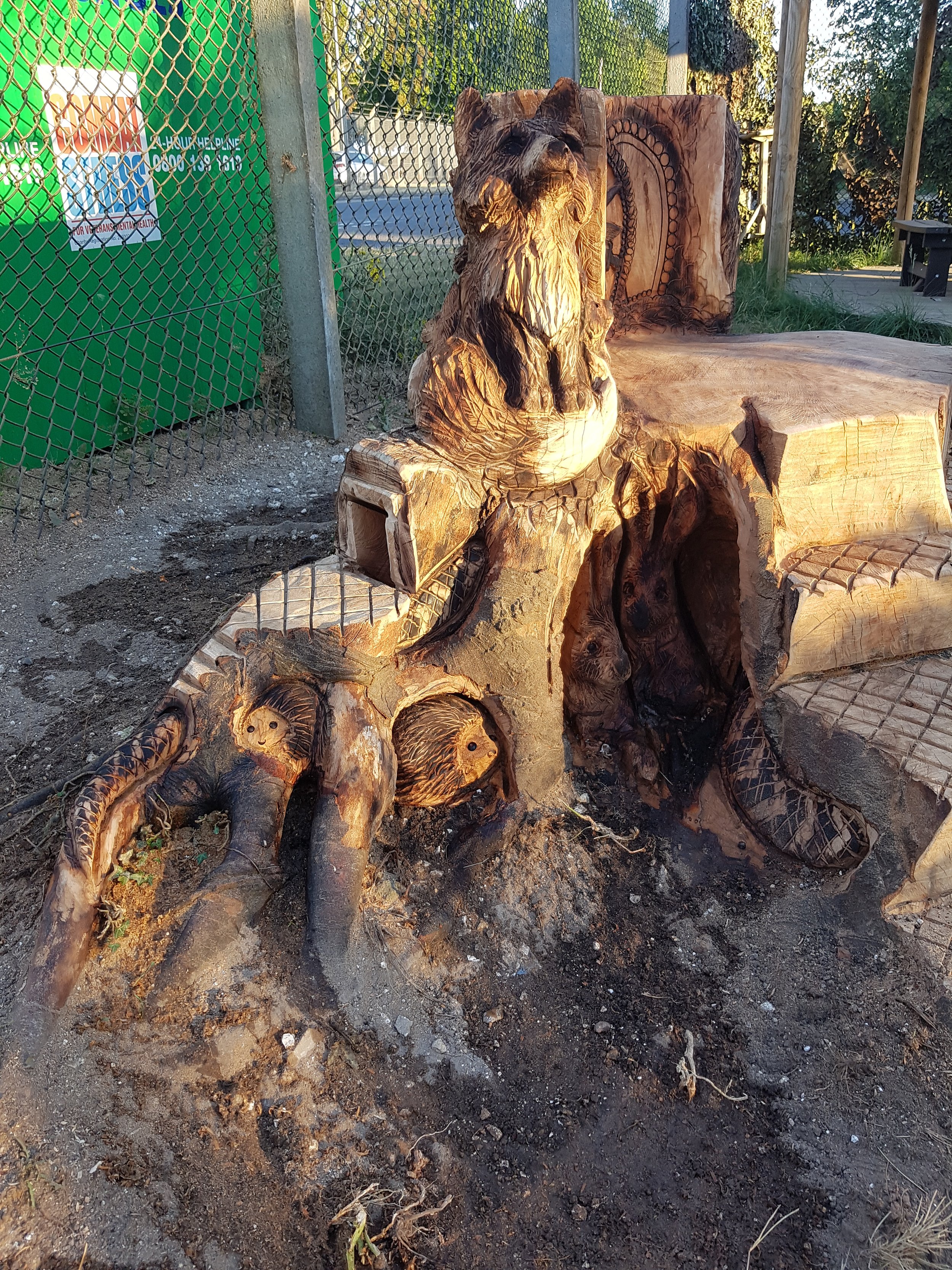 Beech tree, various animals on a seat in a community centre. Amesbury