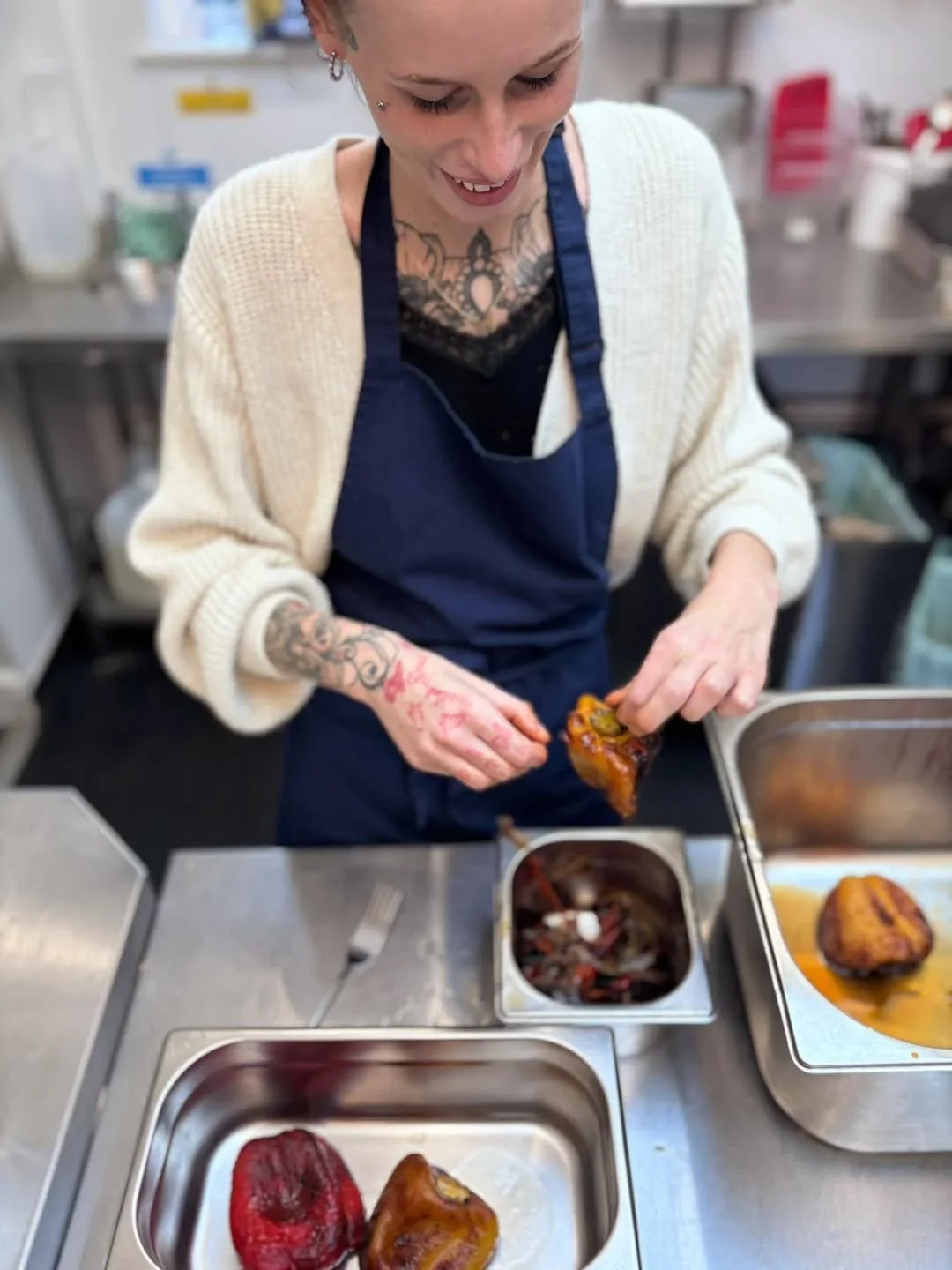 Red pepper and butter bean hummus sandwiches on the counter for the vegans tomorrow, made by Kayla. 

We are also serving a delicious smokey aubergine soup and a bacon, brie and marrow chutney sandwich. 

Our soup and sandwich deal changes weekly but