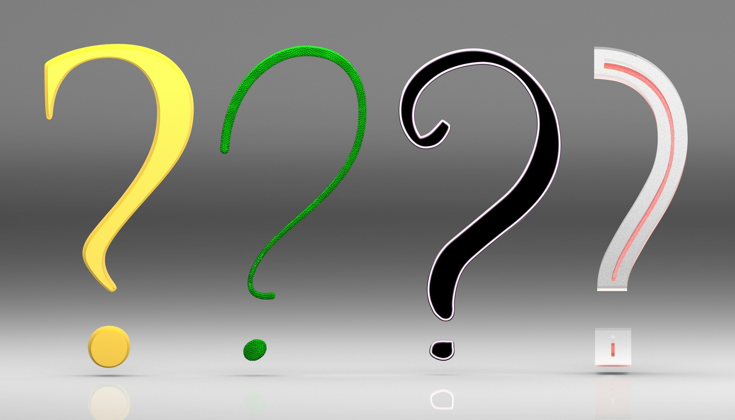 Decorative question marks in various colors and styles, including yellow, green, black, and white, set against a gray gradient background.