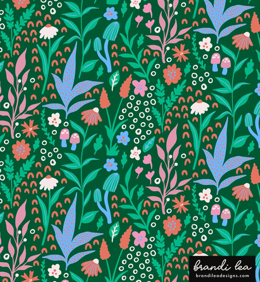 Pattern of colorful flowers, leaves, mushrooms, and plants on a dark green background.