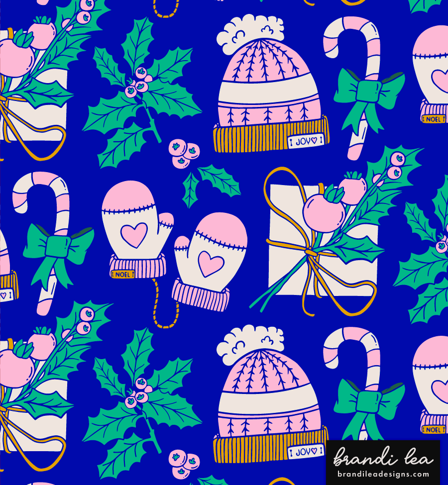 Pattern of Christmas-themed illustrations on a blue background including mistletoe, Christmas mittens with hearts, wrapped presents with holly leaves, and winter hats with puffballs, all in pastel colors.