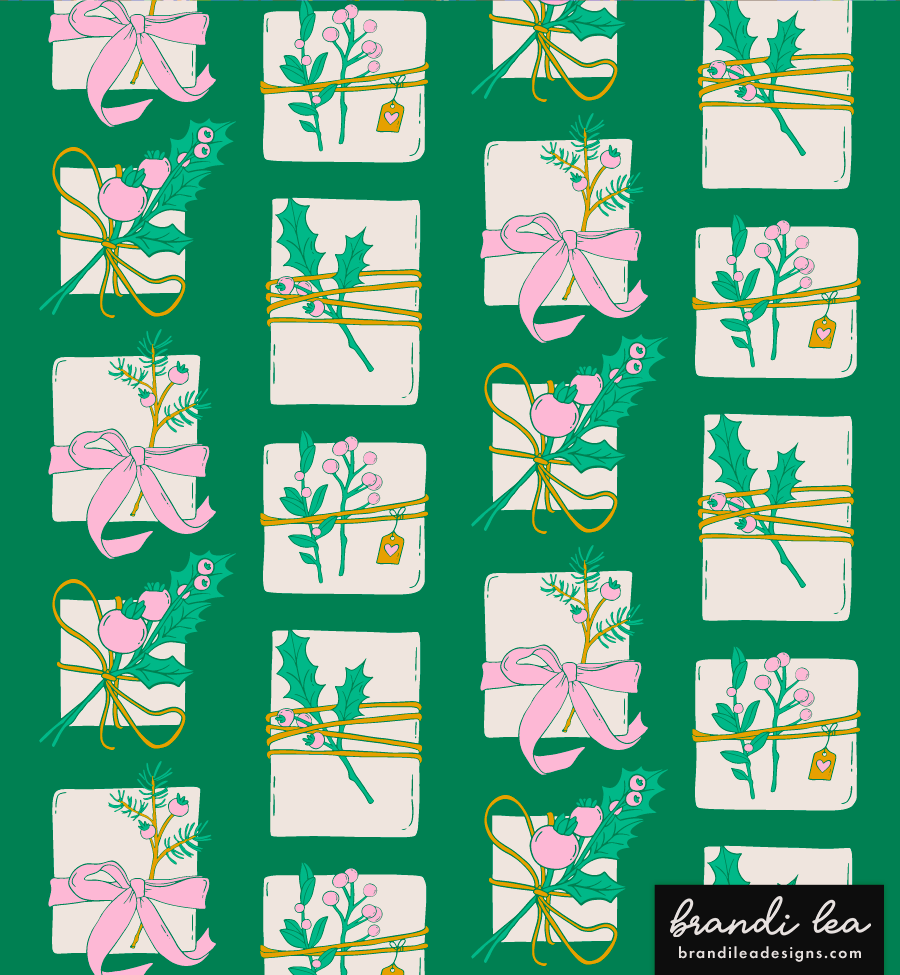 Pattern of wrapped Christmas gifts on green background, decorated with holly, pink bows, and tags.