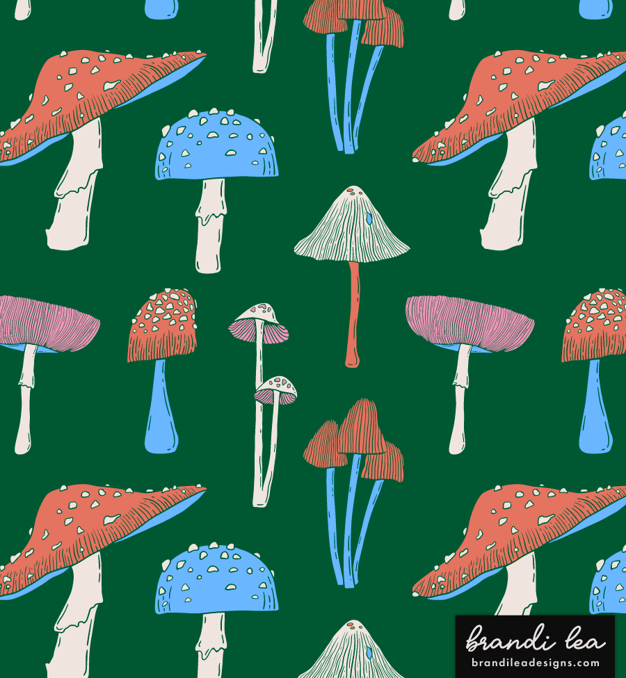 Pattern of various colorful mushrooms on a dark green background.