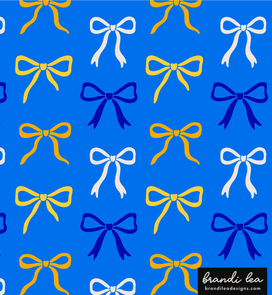 Pattern of white, blue, and yellow bows on a blue background.