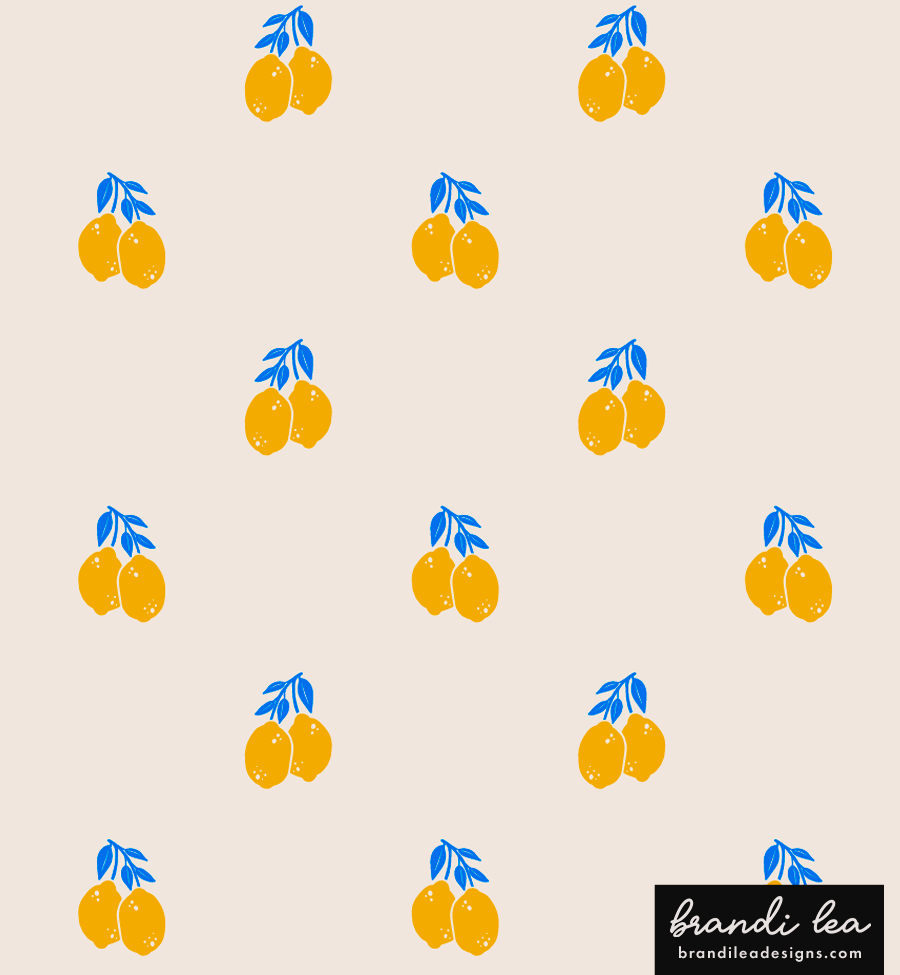 A pattern of yellow lemons with blue leaves on a beige background, with a black logo in the bottom right corner that reads 'brandi lea' and 'brandidesigns.com'.