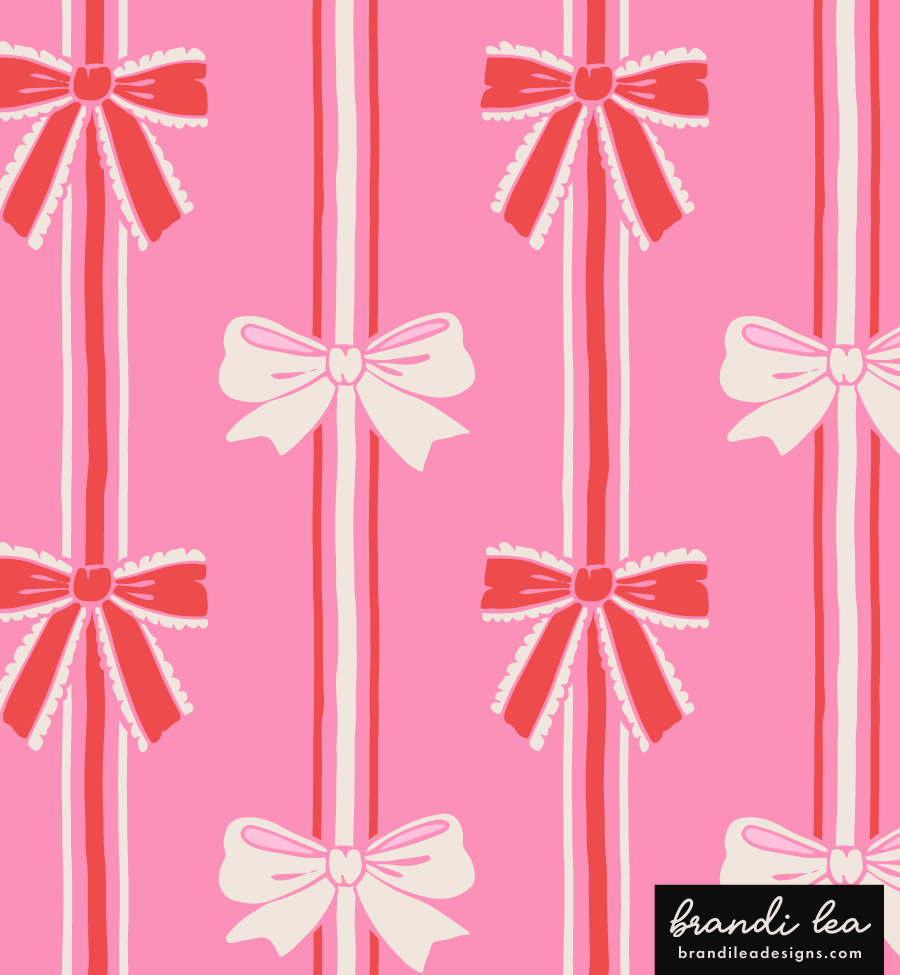 Pink background with repeating pattern of red and white bows and vertical stripes.