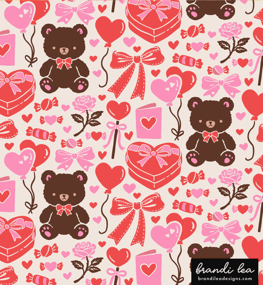 Pattern featuring brown teddy bears with pink bows, red and pink hearts, pink roses, gift boxes with bows, lollipops, candies, balloons, and wrapped candies in a Valentine's Day theme.