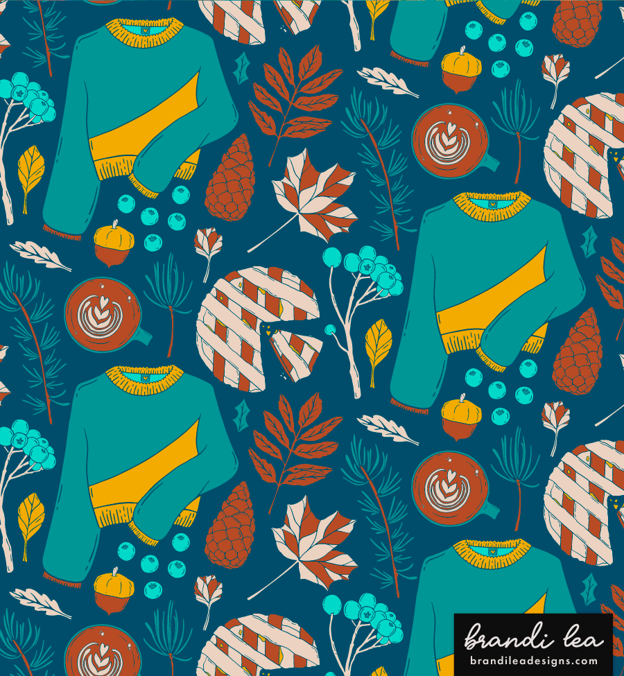 Seamless pattern with teal sweaters with yellow accents, pinecones, acorns, colorful leaves, berries, latte cups with heart latte art, and striped gift boxes, on a dark blue background.