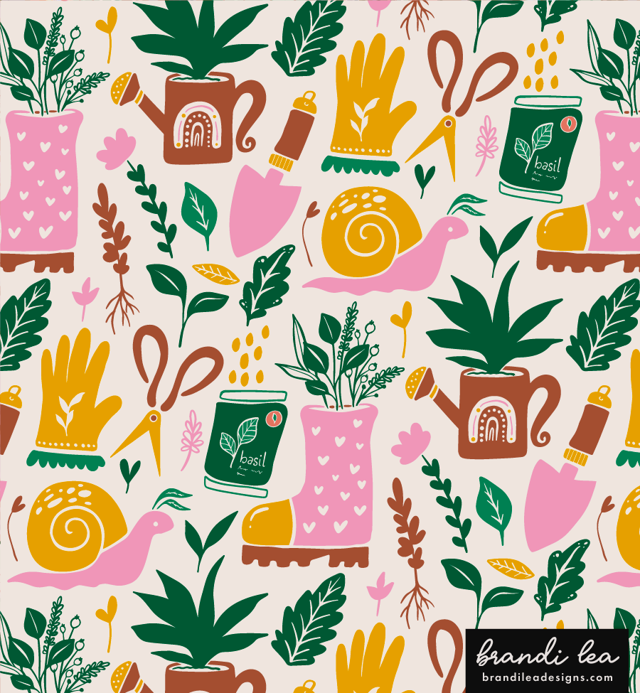 Pattern with potted plants, gardening tools, snail, scissors, and herb containers in pink, green, yellow, and brown colors.