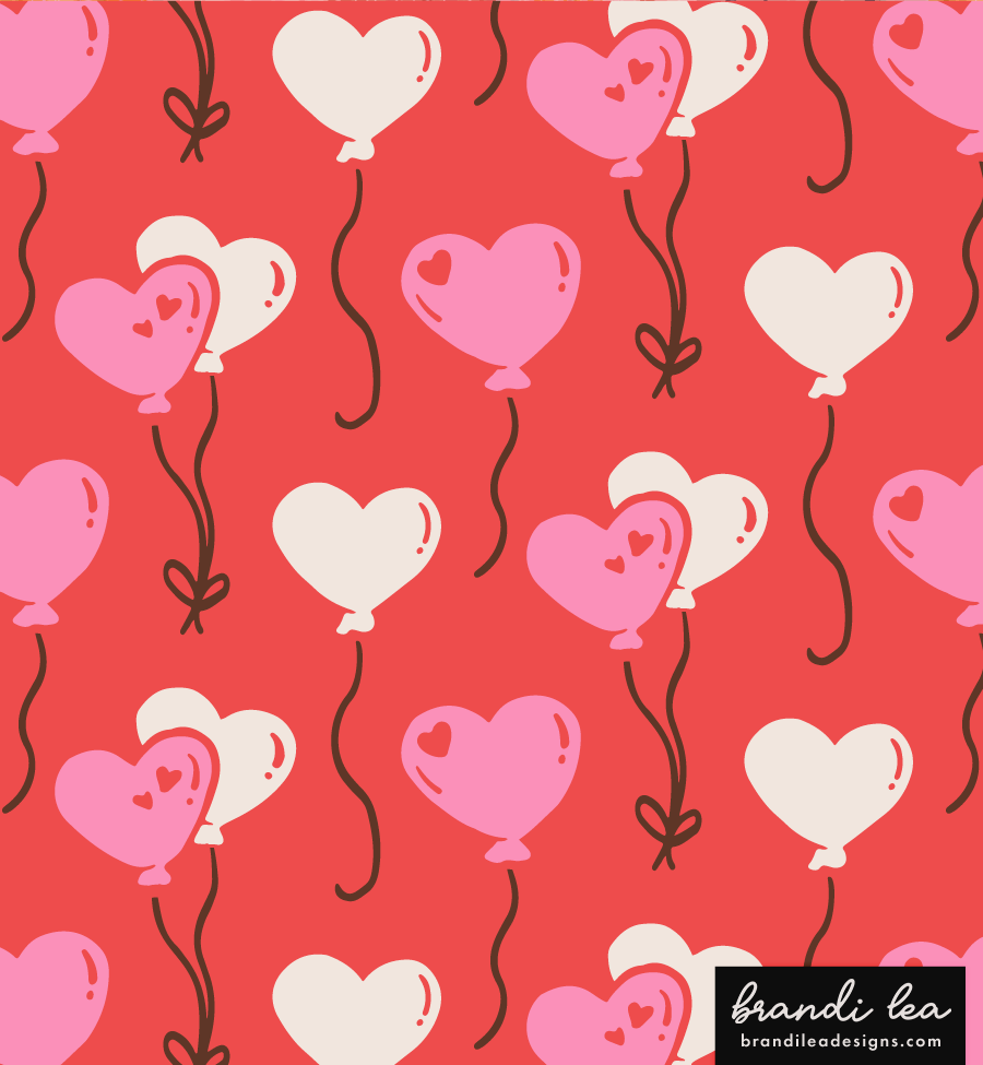 Pattern of pink and white heart-shaped balloons on a red background, with black curly strings and bows.