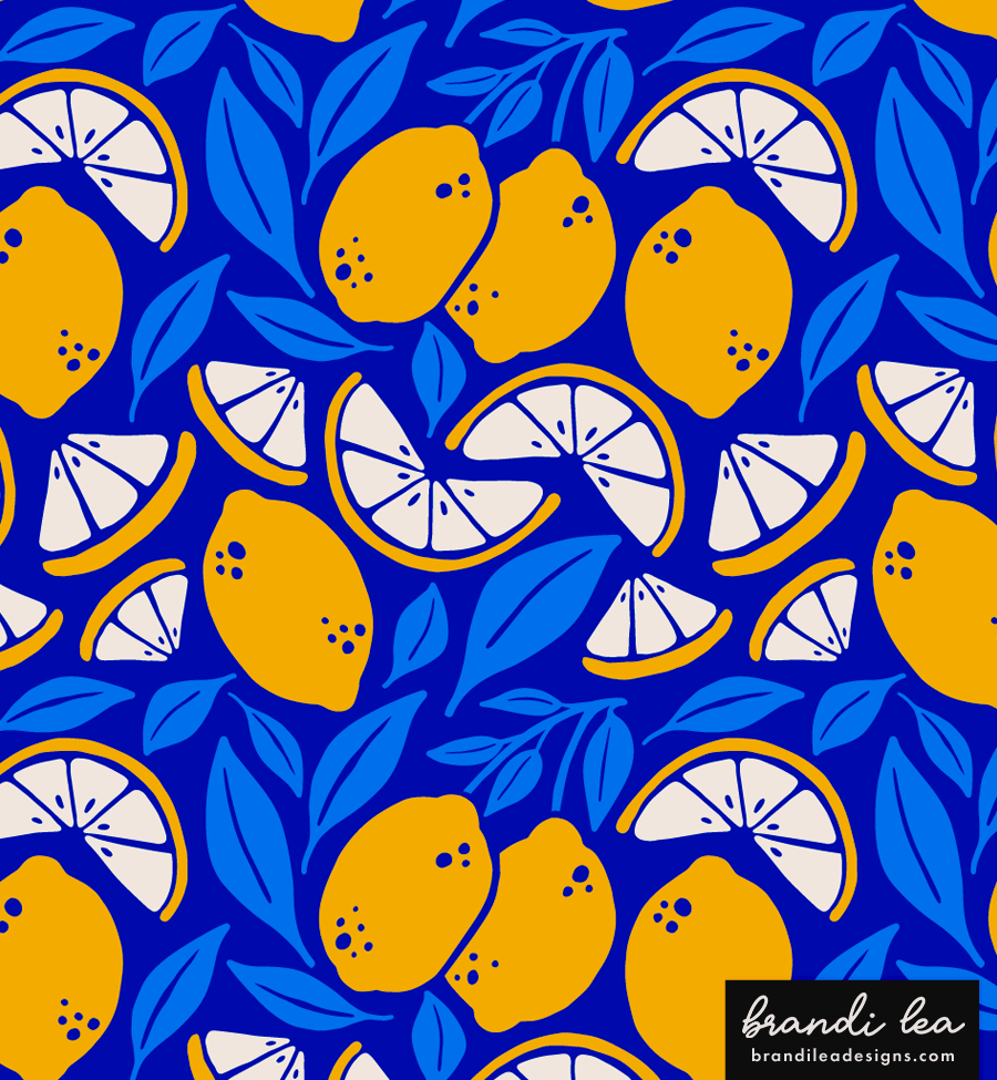 Pattern of whole and sliced lemons with blue leaves on a dark blue background.
