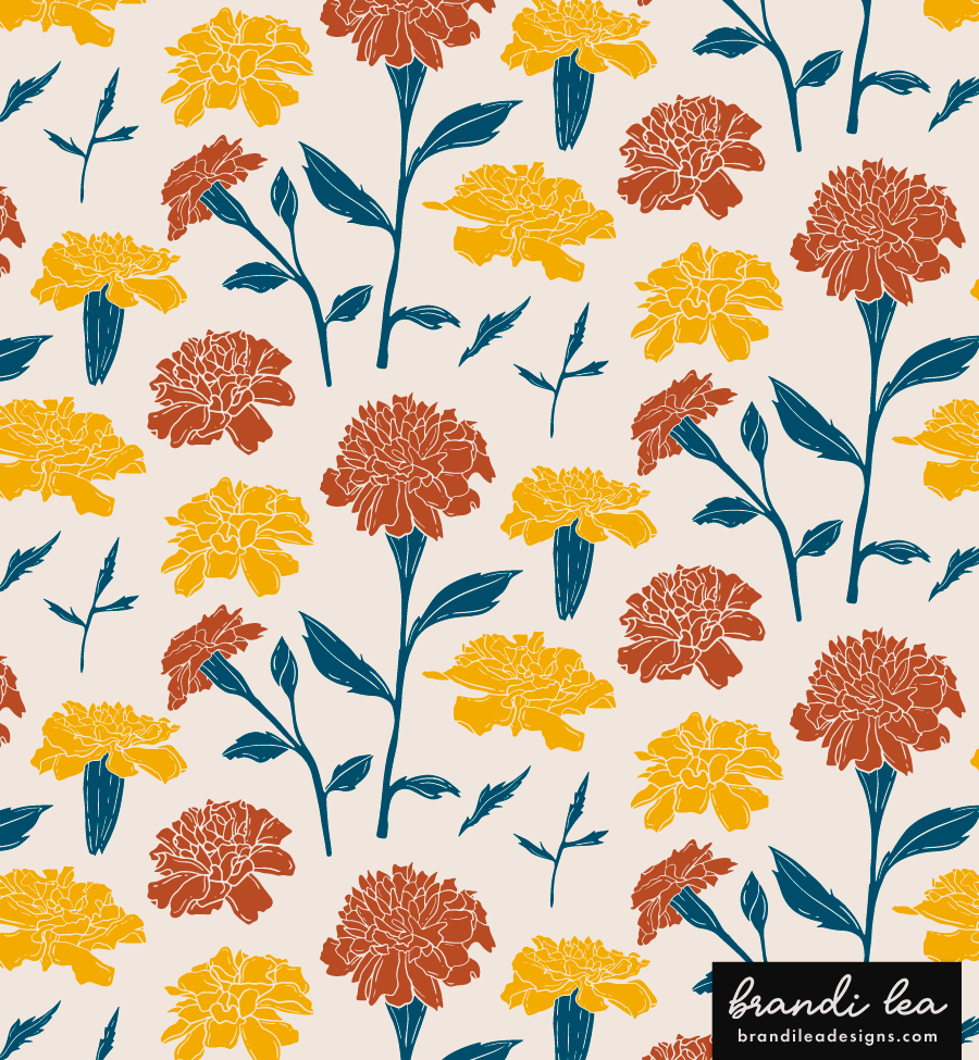 Pattern of mustard yellow and rust-colored carnations with dark blue leaves and stems on a light background, with a black logo reading 'brandi lea' in the bottom right corner.