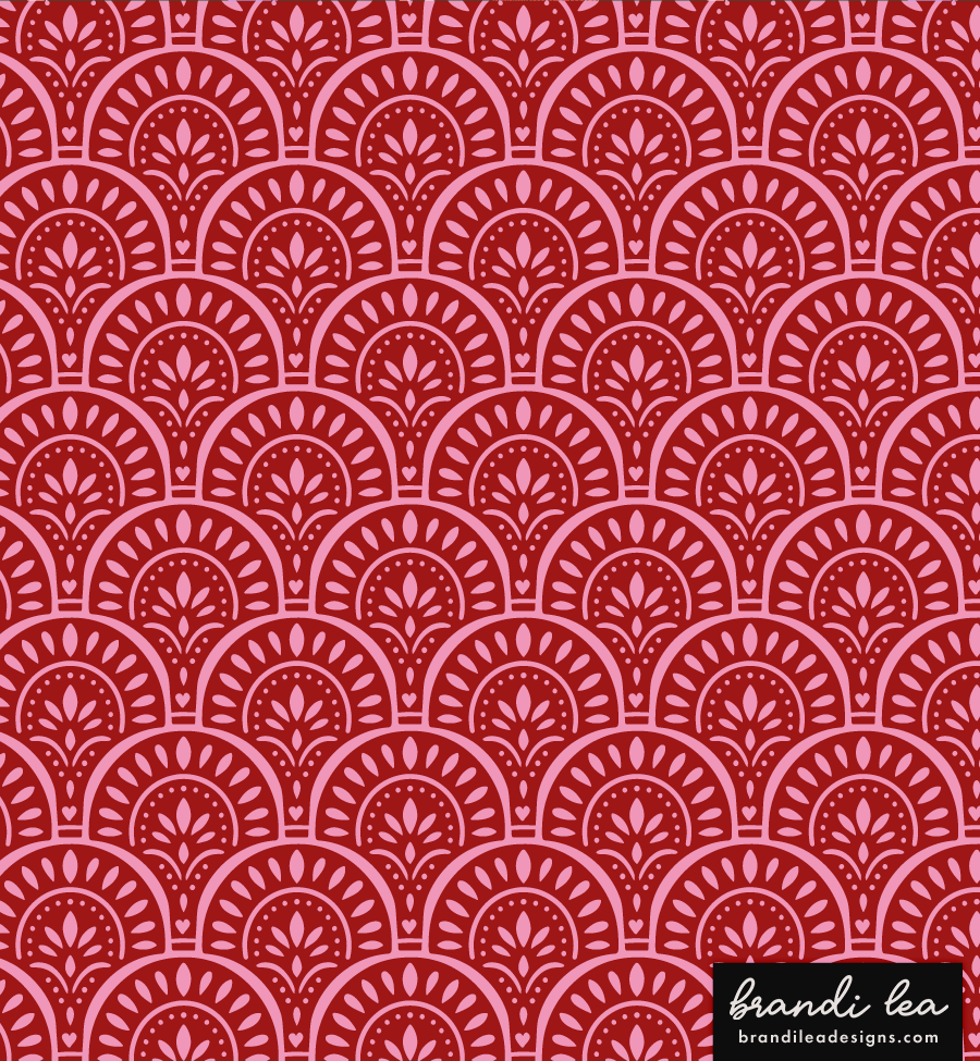 A repeating pattern of red and pink semicircles with floral and dot details, and a black rectangle in the bottom right corner with white text that reads "brandi lea" and the website "brandleadedesigns.com".