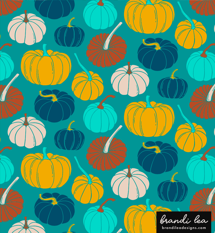 Pattern of colorful pumpkins in shades of teal, yellow, white, navy blue, and brown on a teal background.